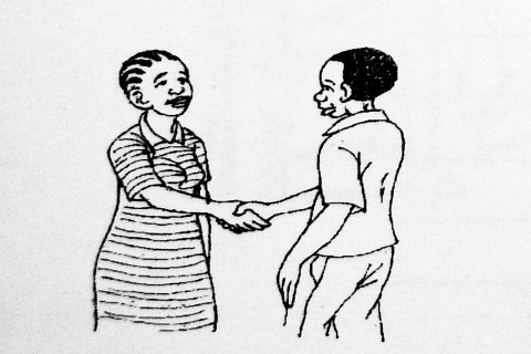 Eine Schwarzweiß-Zeichnung von einem Mann und einer Frau, die sich einander die Hand geben.