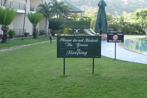 Das Bild zeigt ein Schild auf dem steht: "Please do not disturb, the grass is sleeping"