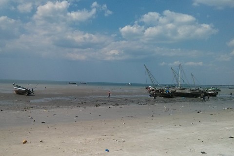 Das Bild zeigt Boote am Strand der Stadt Bagamoyo bei Ebbe